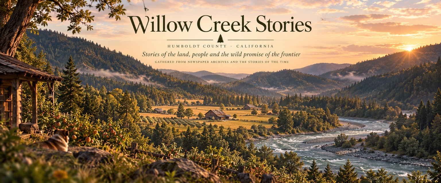 A porch overlooks orchards, farms and a winding river among forested hills at sunset.